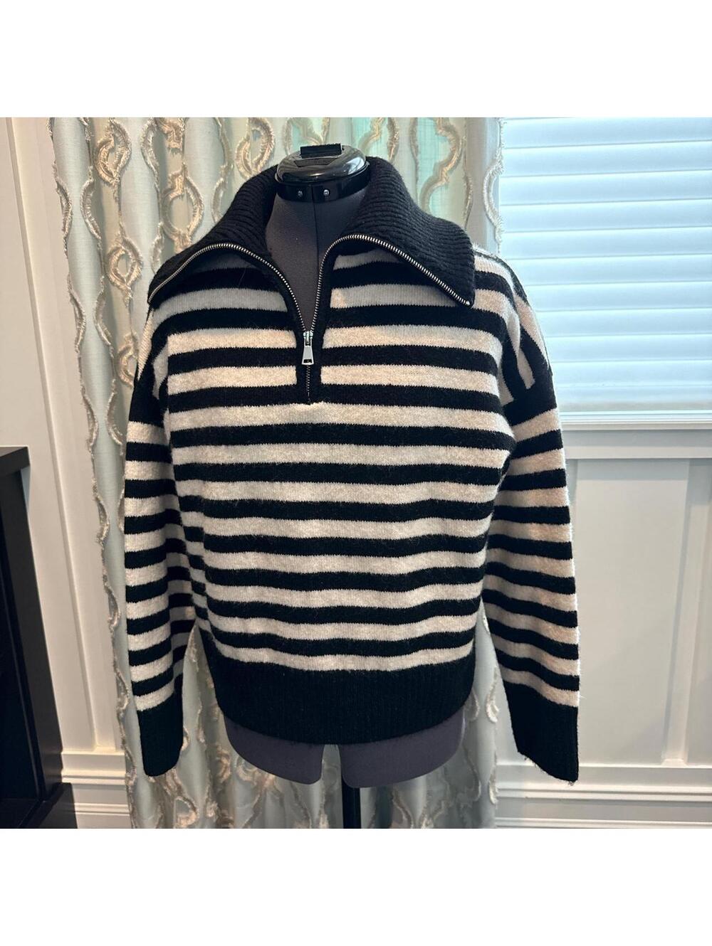 Bershka Black and White Striped Half-Zip Sweater